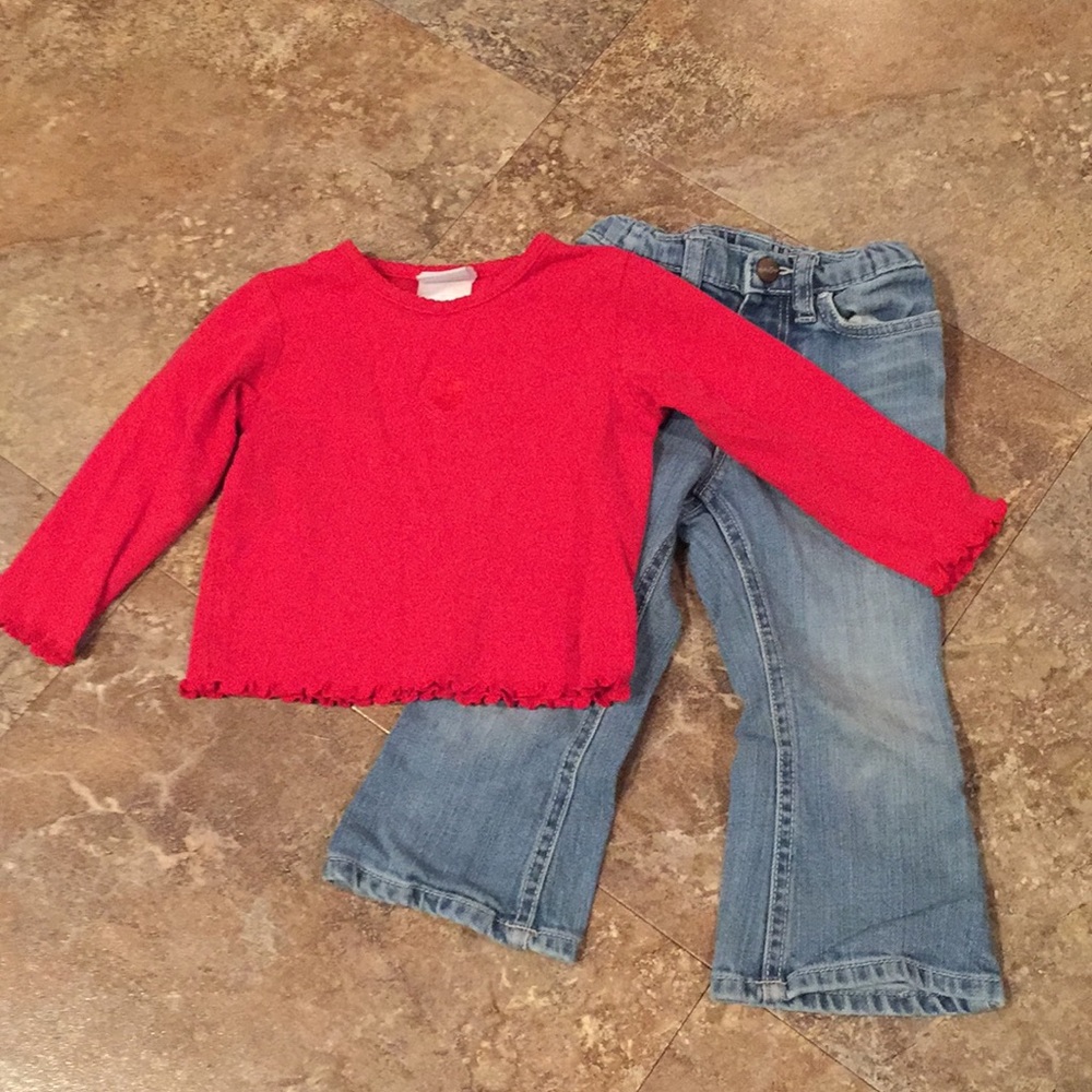 Red shirt and denim jeans